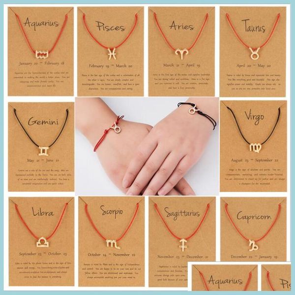 Pulseras con dijes Cuerda negra roja Trenzado Signos del zodiaco Pulseras con dijes Horóscopo Constelaciones Hombres Mujeres Pareja Pulsera Para la venta Gota Dhjnm