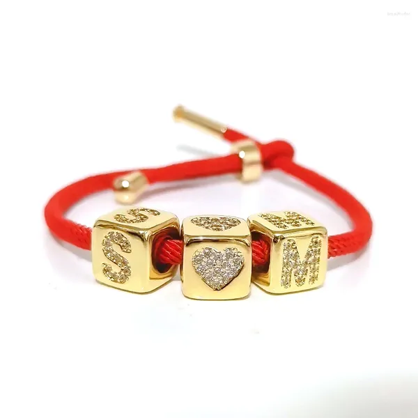 Bracelets de charme Bracelet de lettre de fil de corde rouge pour femmes couple cubique zircone cube avec 26 alphabet coeur bricolage nom initial réglable