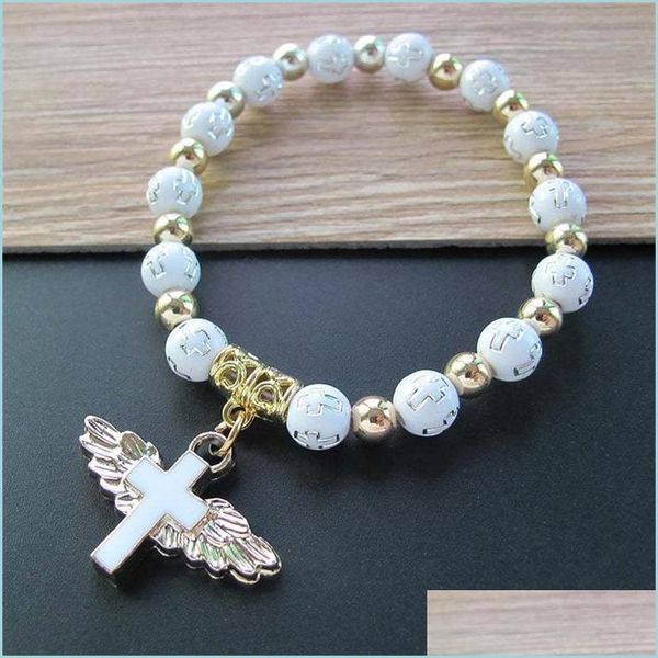 Pulseras con dijes Alas de ángulo de cuentas religiosas Pulseras cruzadas Rosario Centro de mesa Sagrado Corazón de María Misericordia Jesús San S Joyería 4523 Q Dhetz