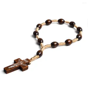 Bedelarmbanden Religieus Bruin Katholiek Gebed Rozenkrans Puur Massief Houten Jezus Kruis Hanger Sieraden Cadeau