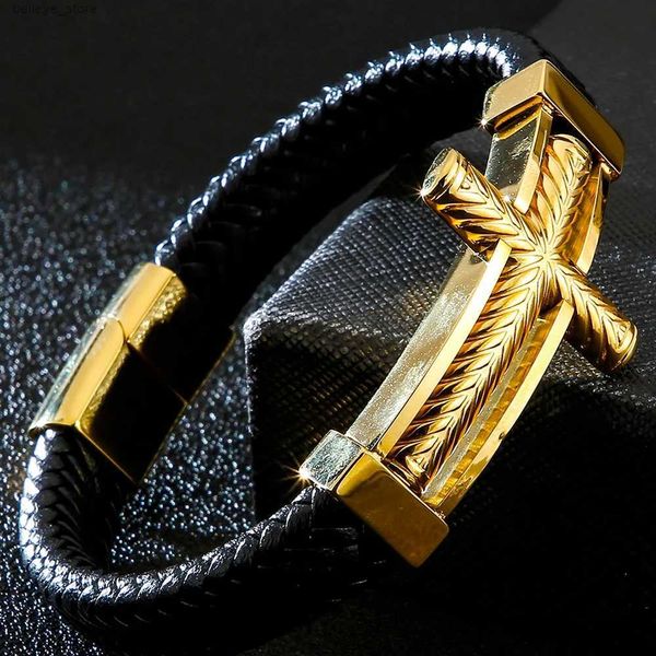 Charme Pulseiras Cruz Religiosa Jóias Pulseira De Couro Homem Braçadeira Heren Com Fecho Ímã S.Steel Wrap Pulseira Para Homens Nome EngraveableL23121