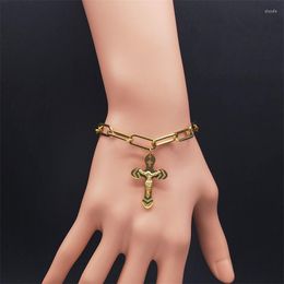 Bracelets porte-bonheur religieux jésus croix Bracelet en acier inoxydable couleur or Religion pour femmes/hommes bijoux Pulseira B6016S02