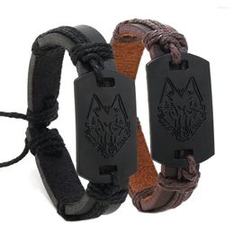 Pulseras con dijes Pulsera de cuero retro para hombres Forma de lobo Metal negro Atado a mano Accesorios ajustables