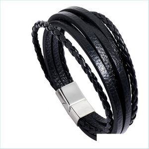 Bracelets de charme Rétro Cuir MTI Couche Wrap Bracelet En Acier Inoxydable Boucle Bracelets Mode Hommes Bracelet Manchette Bracelet Bijoux Dr Dhd6R