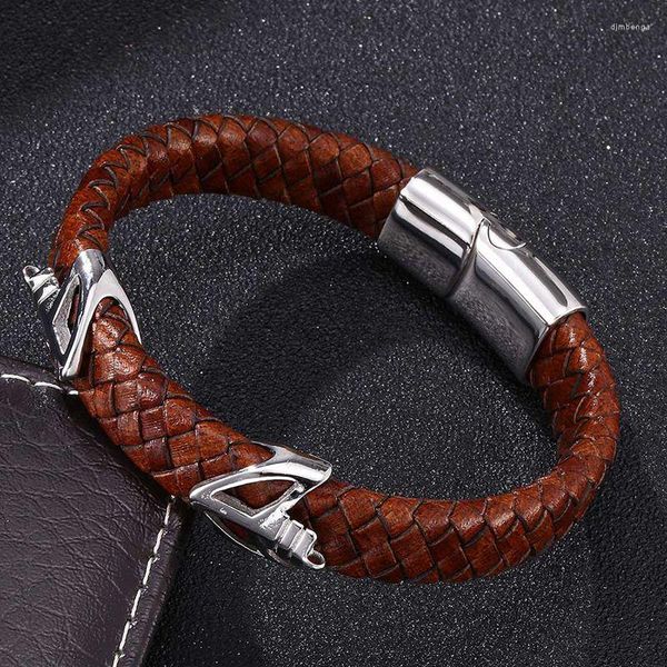 Bracelets de charme bracelet Men Retro Bracelet Punk Brown Traided Leather Bijoux Male Bijoux en acier inoxydable Ferme de bracelet magnétique Fr0082