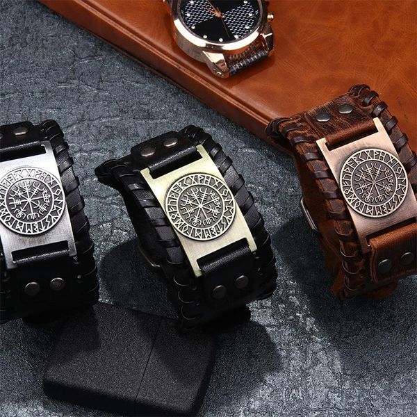 Pulseras con dijes Pulsera para hombre retro Nordic Viking Odin Compass Pulsera de cuero ancha tejida a mano Brazaletes ajustables Joyería punk