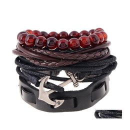 Pulseras de encanto Retro Mtilayer Cuero para hombre Cuentas de madera Pulsera Hecha a mano Anchor Wrap Joyería Drop Entrega Otqgb