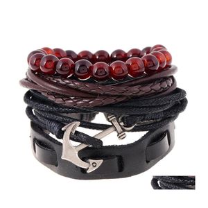 Bedelarmbanden retro mtilayer leer voor man houten kralen armband handgemaakte anker wrap sieraden drop levering otqgb