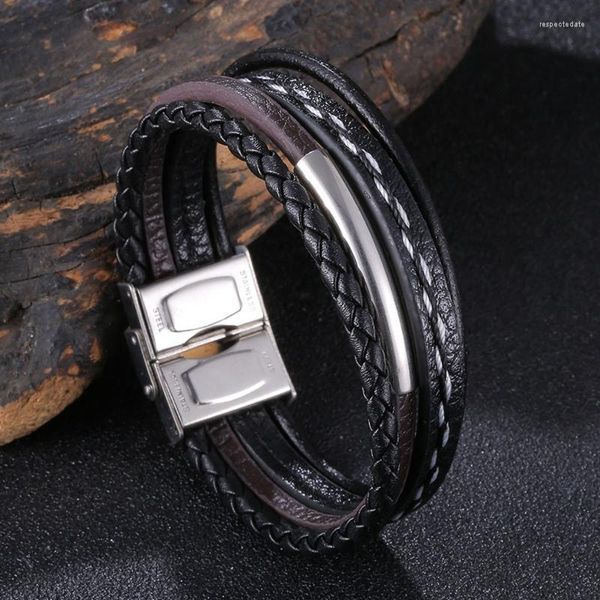 Pulseras con dijes, pulsera de cuerda de cuero tejido negro multicapa Retro, joyería de mano para hombres, brazalete trenzado de acero inoxidable, pulseras para hombres y niños