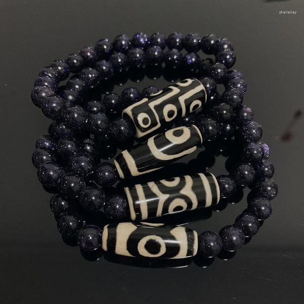 Bracelets porte-bonheur rétro naturel tibétain Dzi Agates bijoux de guérison bouddha prière neuf yeux bracelet bleu Goldstone mâle