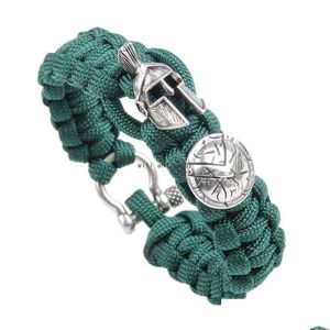 Charm Armbanden Retro Romeinse Helm Schild Bangle Manchet Outdoor Survival Core Line Armband Voor Mannen Mode Hiphop Sieraden Will en Dr Dh7D8