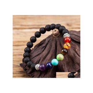 Bedelarmbanden retro sier goud 7 chakra's charmes 8 mm zwarte lava stenen armband diy aromatherapie etherische olie diffuser boeddha mala y dhxhp