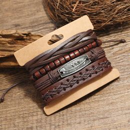 Bedelarmbanden Retro Geweven Mannen Lederen Armband Vintage Sieraden Diy Combinatie Pak Gevlochten Touw Ketting Veer Accessoires