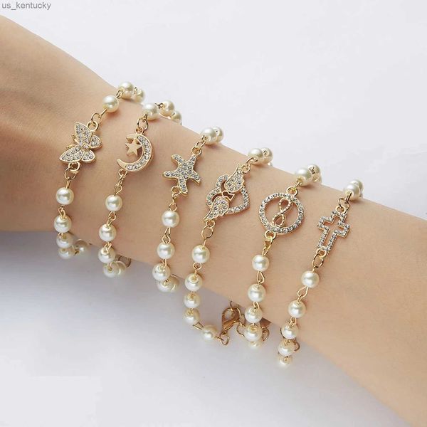 Pulseras con dijes Pulsera de perlas de diamantes de imitación para mujeres niñas mariposa estrella de mar ala de amor pulsera de moda ajustable joyería de amistad R231107