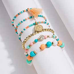 Bracelets porte-bonheur Rinhoo 6 pièces/ensemble Vintage pièce d'or pendentif Bracelet perles de riz gland multicouche pour femmes bijoux de mode accessoiresCharme