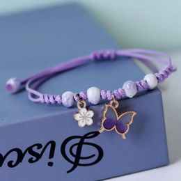 Charm Armbanden Rinhoo Mode Handgemaakte Paarse Vlinder Bloem Armband Voor Vrouwen Zoete Dieren Hanger Gevlochten Bangle Sieraden 231027