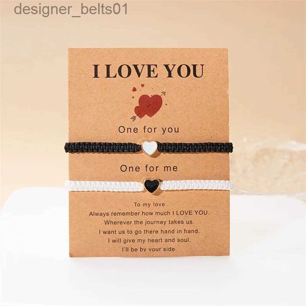 Pulseras con dijes Corazón romántico Pulsera de pareja con cuentas para mujeres Hombres Moda Negro Blanco Cuerda trenzada Pulsera a juego Joyería de amistad RegalosL231214