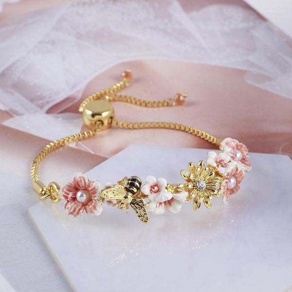 Bracelets porte-bonheur Style pastoral romantique émail glaçure perle fleur abeille tirer haricot Bracelet réglable