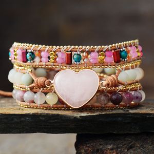 Bedelarmbanden Romantisch Roze Lederen Wrap Rozenkwarts Toermalijn Hart 3 Strengen Manchet Armband Handgemaakte Tienermeisjes Sieraden Bijoux 230731