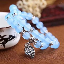 Charm Armbanden RongDe Blue Crystal Ronde Kralen Lucky Tibetaans Zilveren Blad Hanger Voor Vrouwen Armband Multilayer Sieraden