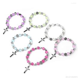 Bracelets de charme Rosaire Croix Bracelet de perles pour femmes Teen Girl Stretch avec Crucifix Pendentif Bijoux Drop
