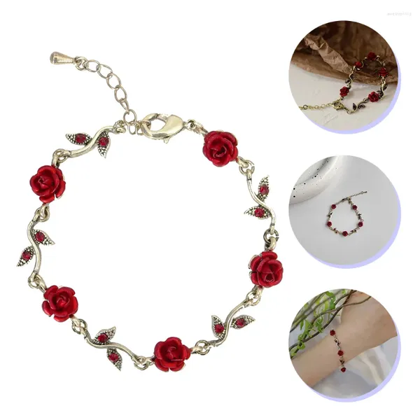 Bracelets de charme Bracelet rose Cadeau de la Saint-Valentin Romantique Chaîne rouge Cadeaux pour adolescentes Rosaire Poignet réglable