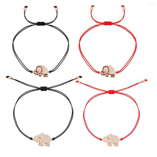 Pulseras con dijes Chapado en oro rosa Pave Zirconia Pulsera de elefante para mujeres Hombres Cuerda roja trenzada Cuerda negra Joyería hecha a mano ajustable