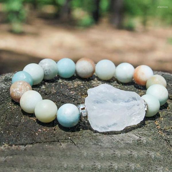 Bracelets de charme Pierre brute et bracelet d'amazonite mat de 10 mm brut Q-uartz Yoga Mala Perles Chakra Bijoux pour hommes Cadeau