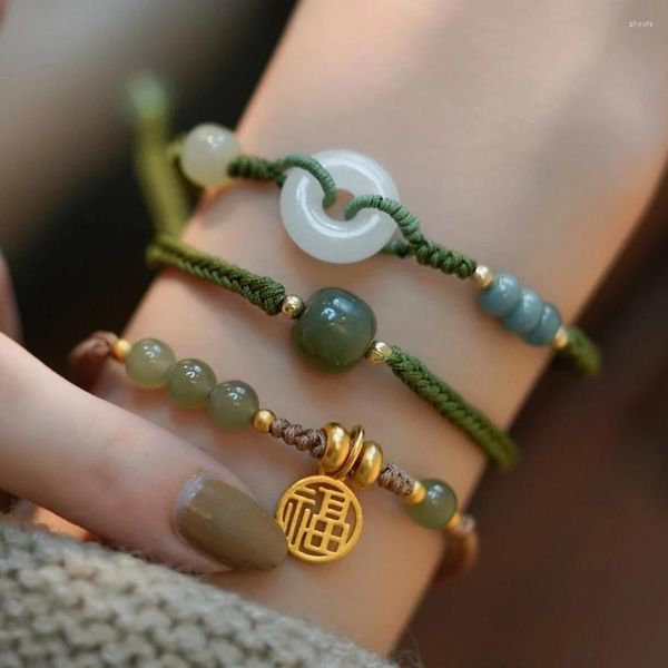 Bracelets porte-bonheur rond/caractère chinois naturel Hetian Jade chanceux tissé tressé pour femmes filles bijoux fins