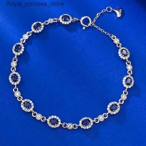 Bedelarmbanden S925 zilver met hoog koolstofgehalte diamanten saffier 3 * 4 elliptische rij dames Chinese stijl verstelbaar Q240322