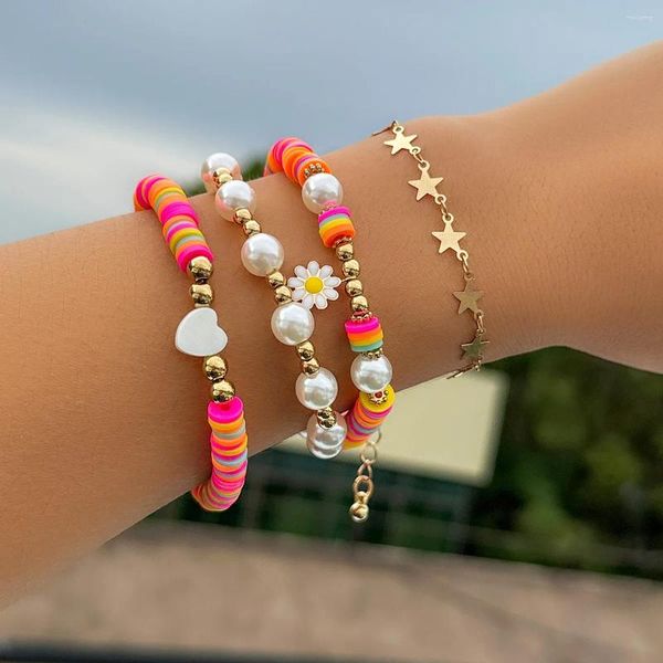 Bracelets de charme Salicon Boho Couleur mélangée Polymer Soft Argile Perles Bracelet Rond Punk Metal Star Star Chain de femmes Bijoux pour femmes