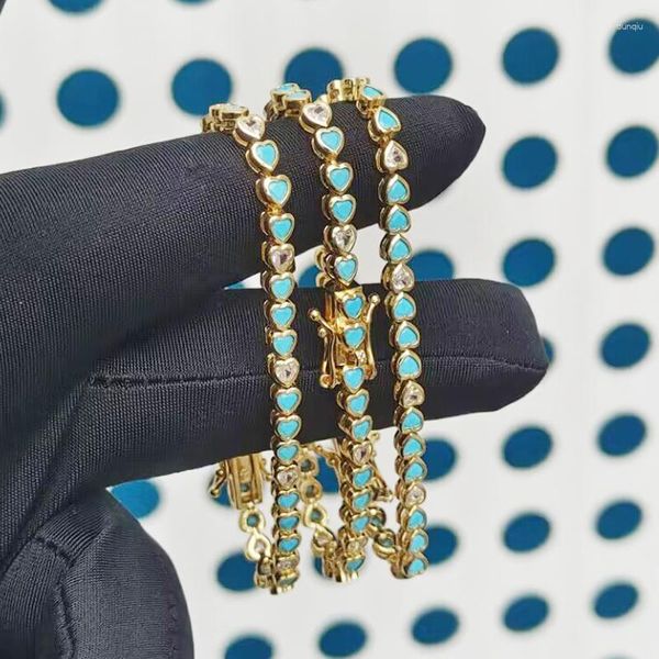 Bracelets porte-bonheur Sdzstone plaqué or coloré été bijoux bleu turquoises en forme de coeur pierre Tennis chaîne mode femmes Bracelet