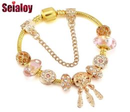 Bedelarmbanden Seialoy Gold Dream Catcher Voor Vrouwen Mannen Origineel Roze Glas Kristal Kralen Armband Sieraden Gift5666686