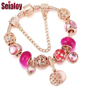 Bracelets de charme Seialoy Rose Or Rond Pour Femmes Original Coeur Cristal Perlé Feuille Arbre De Vie Perle Bracelet Bijoux Cadeau