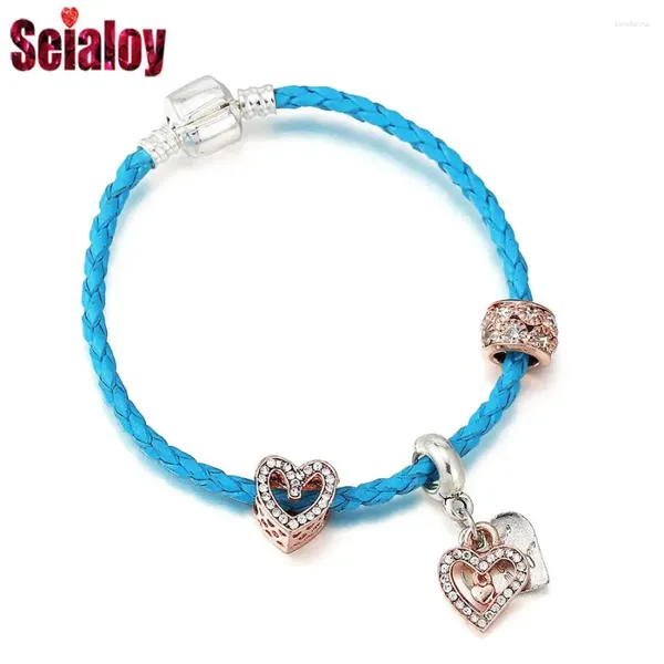 Bracelets de charme seialoy Simple rose Gold Color Beads Beads Cuir bleu pour femmes bracelet à corde tressée Bracelet