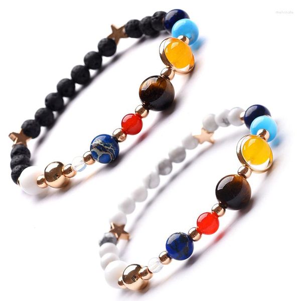 Pulseras con dijes Venta de moda hecha a mano Ocho planetas Blanco Turquesa Negro Onyx Pulsera de cuentas de piedra volcánica