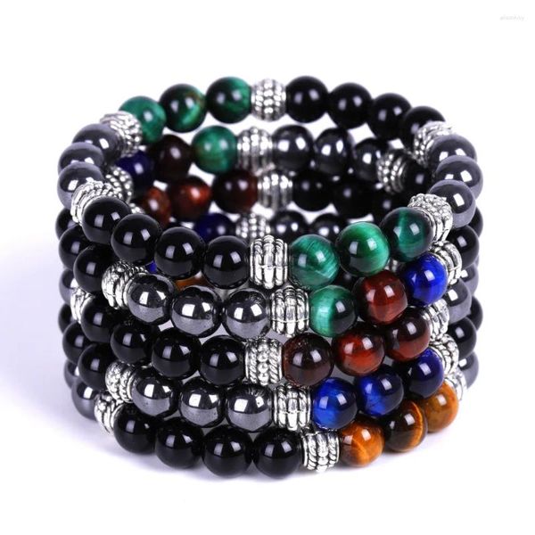 Bracelets de charme Cristal de minerai semi-précieux 8 mm Jaune Bleu Vert Rouge Oeil de Tigre pour Femmes Hommes Hématite Blackstone Perlé Bracelet Cadeau