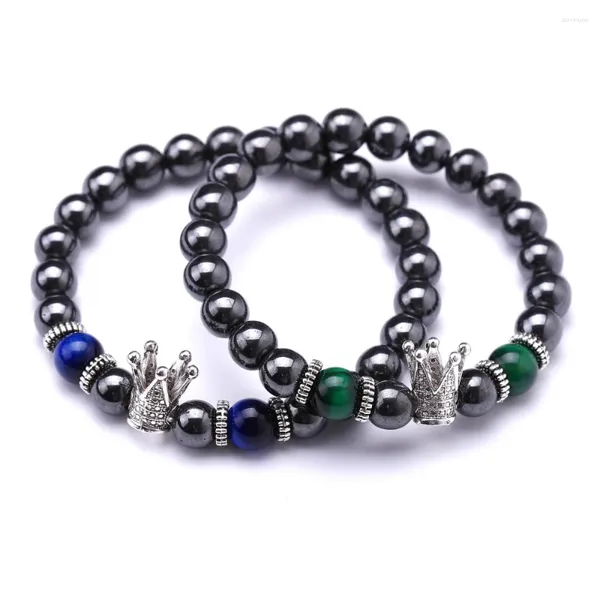 Bracelets de charme Semi-précieux Rock Crystal Vert Bleu Tiger Eye Energy Bracelet Bracelet Femmes Hommes Cadeau Hématite Perlé Couronne Santé