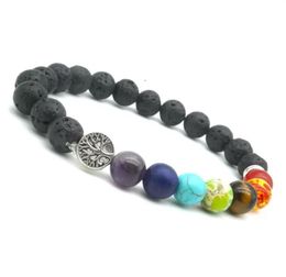 Bracelets de charme sept chakras arbre de vie charmes 8 mm perles de pierre de lave noire bricolage aromathérapie huile essentielle bracelet yoga j dhd3p