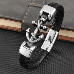 Bracelets de charme Bracelet d'ancre de navire pour hommes main multi-couches en cuir noir avec fermoir magnétique cadeau de bijoux de petit ami