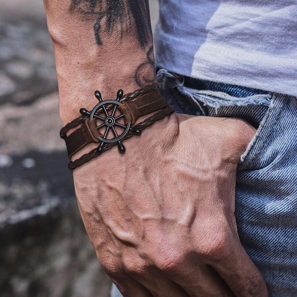 Bracelets porte-bonheur navires roue bijoux gouvernail Bracelet en cuir cadeaux nautiques pour hommes