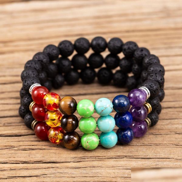 Bracelets de charme Sier Gold Couleur 8mm Volcan Lava Pierre Bracelet DIY Huile Essentielle Diffuseur Yoga Strand Bijoux Drop Livraison Dhgarden Dhqcy