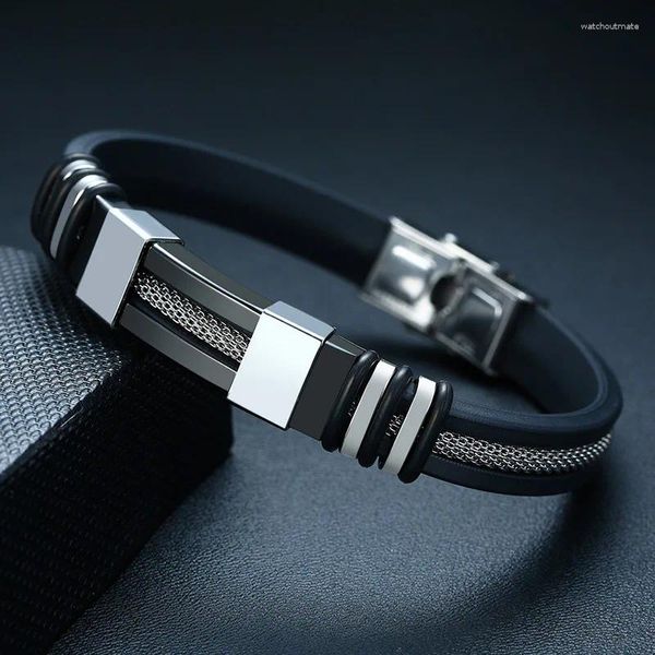 Pulseras con dijes Pulsera de silicona Pulsera para hombre de acero de titanio Ranura negra Timón Malla Enlace Insertar Punk Sorteo de moda ajustable