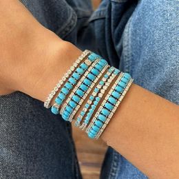 Pulseras con dijes Color plata moda alta calidad mujer chica joyería geométrica ovalada azul turquesa piedra CZ pulsera de tenis