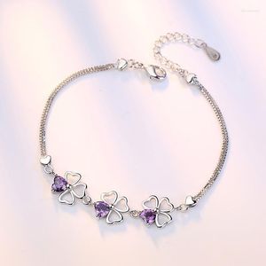 Bracelets porte-bonheur Bracelet plaqué argent cristal violet coréen porte-bonheur feuille trèfle coeur pour femmes bracelets O236Charm Lars22