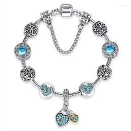 Pulseras con abalorios chapadas en plata para mujer, cuentas de corazón de flores de CZ azul, pulsera Original de Murano Pa, joyería DIY, abalorio de regalo Lars22