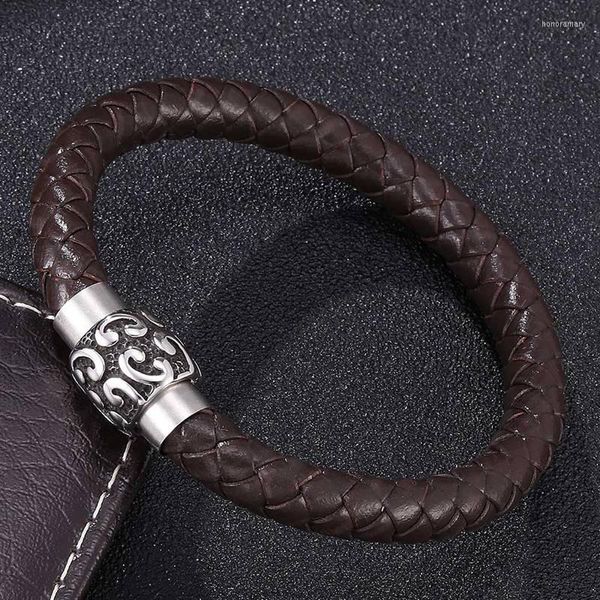 Charme Bracelets Simple En Cuir Marron Vintage Bracelet Hommes Bijoux En Acier Inoxydable Fermoir Magnétique Mâle Poignet Bande De Mode Bracelets FR0147