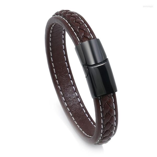 Pulseras con dijes, pulseras simples de cuero marrón oscuro/negro, brazaletes para hombres, pulsera con hebilla magnética de acero inoxidable, joyería para niño