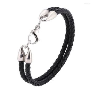 Charme Bracelets Simple Double Couche En Cuir Tressé Noir Corde Bracelet Hommes En Acier Inoxydable Fermoir De Homard Pour Les Femmes Bijoux PD1089