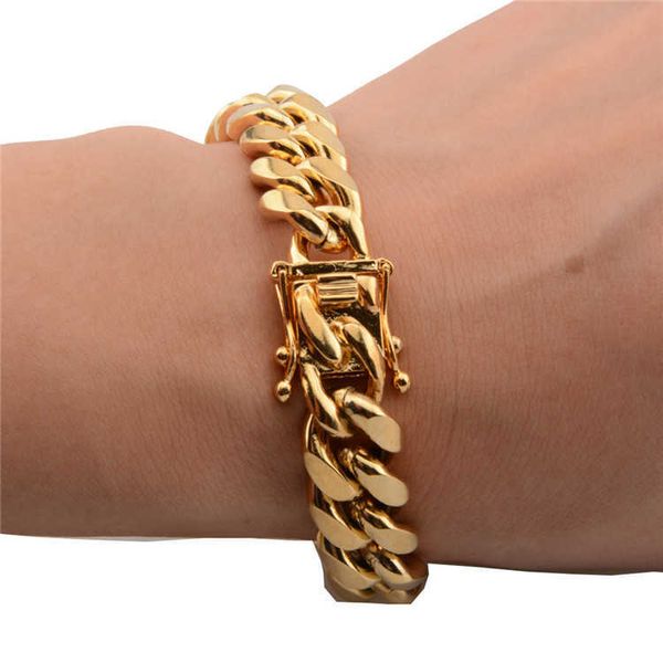 Pulseras con dijes Joyería de lujo simple Heavy Big Gold Plated 316L Stainls Steel Biker Miami Pulsera de cadena de eslabones cubanos para hombres